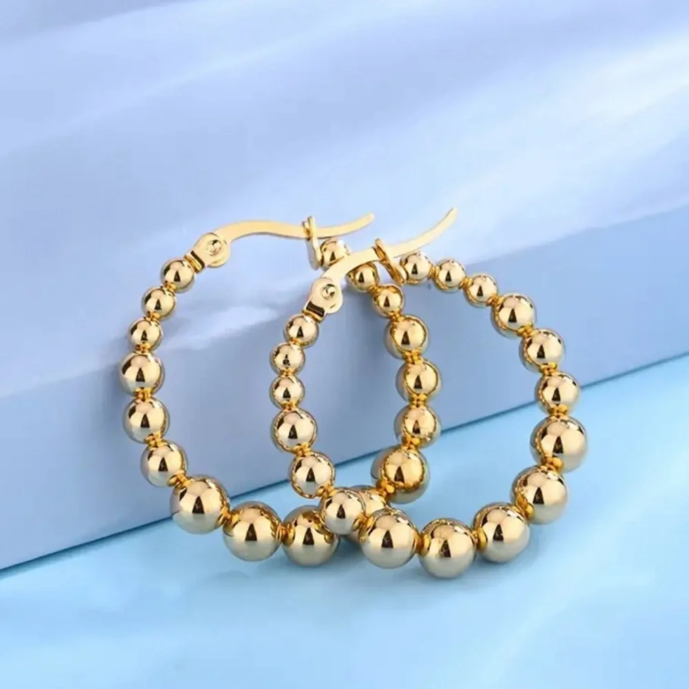 18K Gold-plated Stainless Steel Round Beads Hoop Earrings